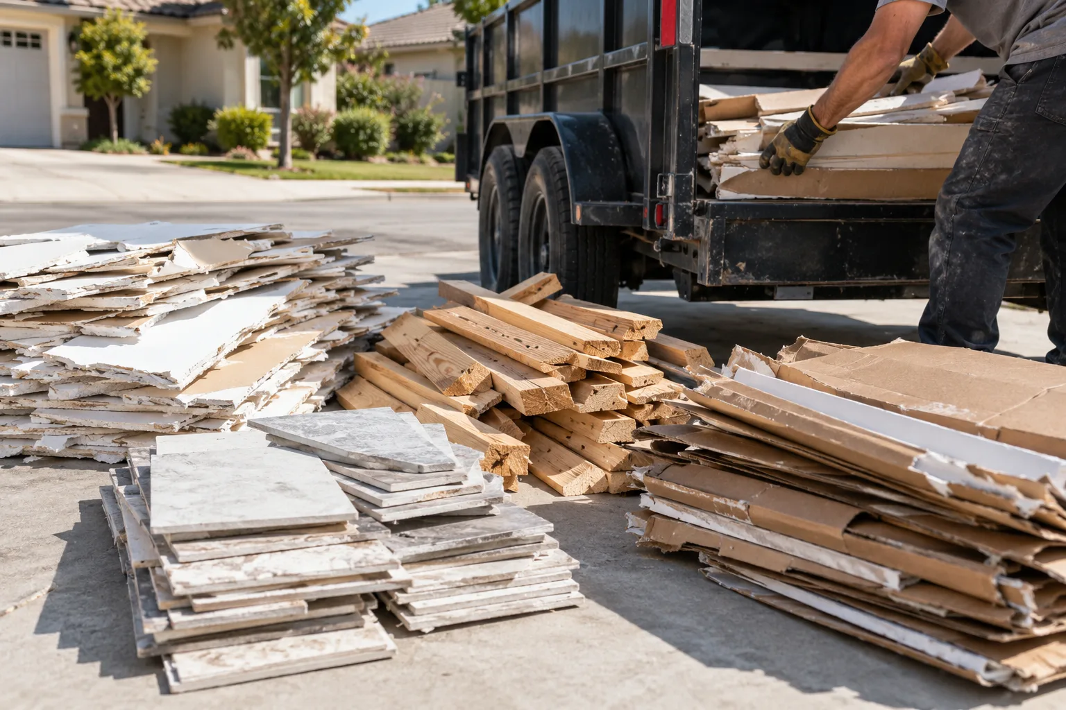 Sorted drywall, lumber, tile and packaging ready for loading