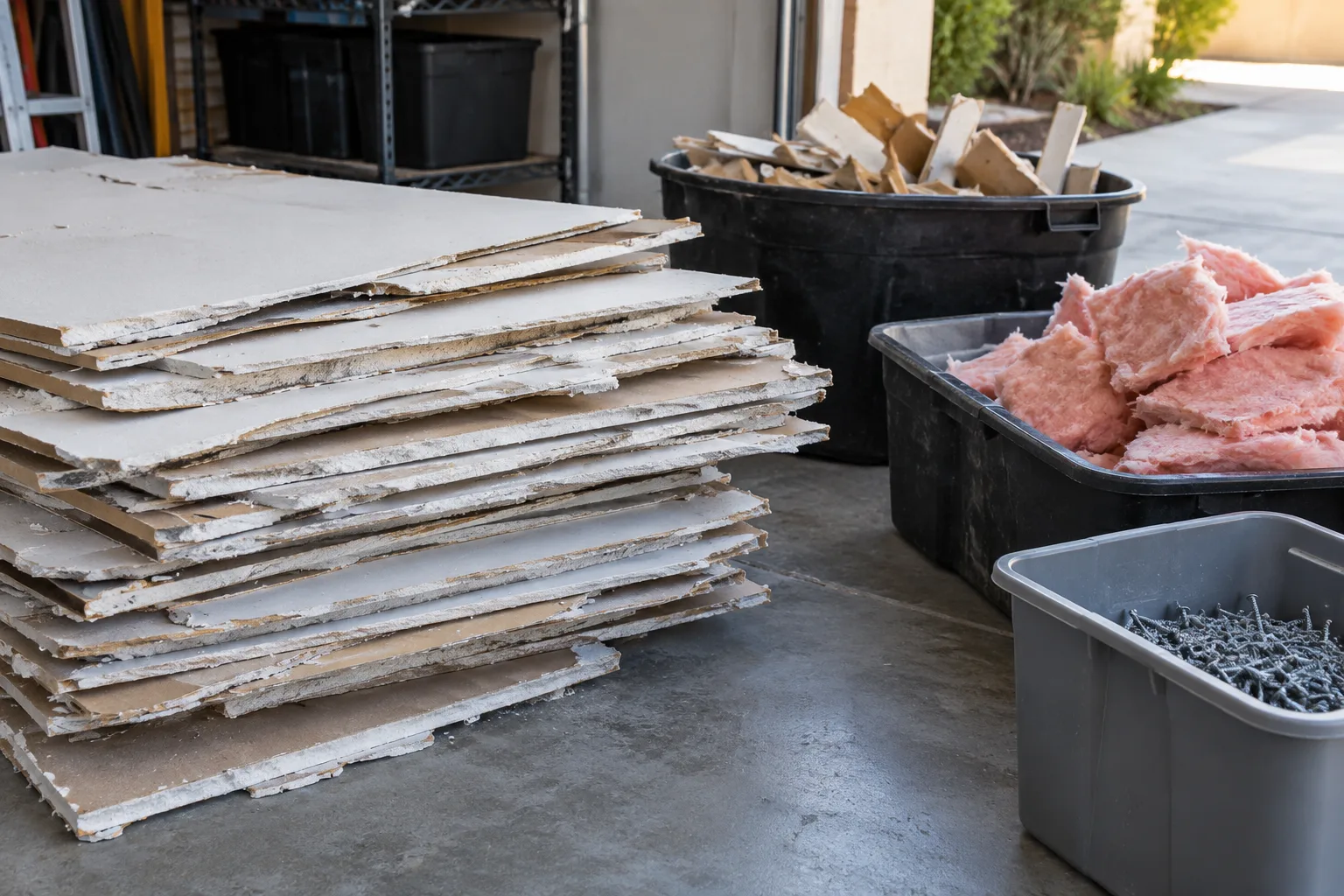 Sheetrock and gypsum scraps prepared for pickup