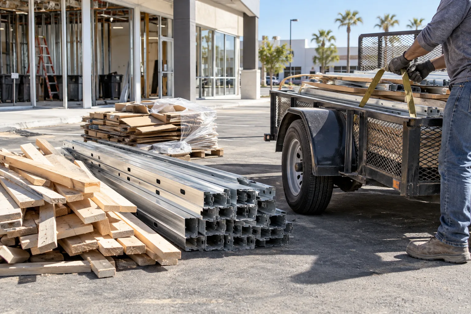 Wood and metal jobsite scraps staged for removal