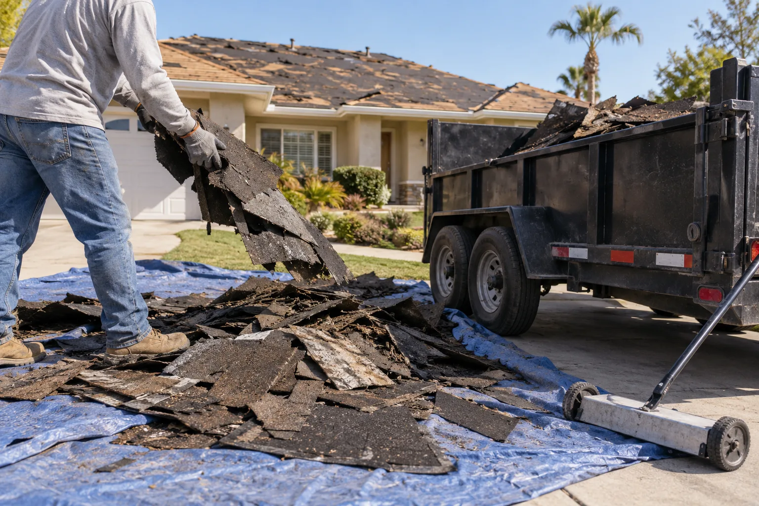Shingles and roofing tear-off staged for removal
